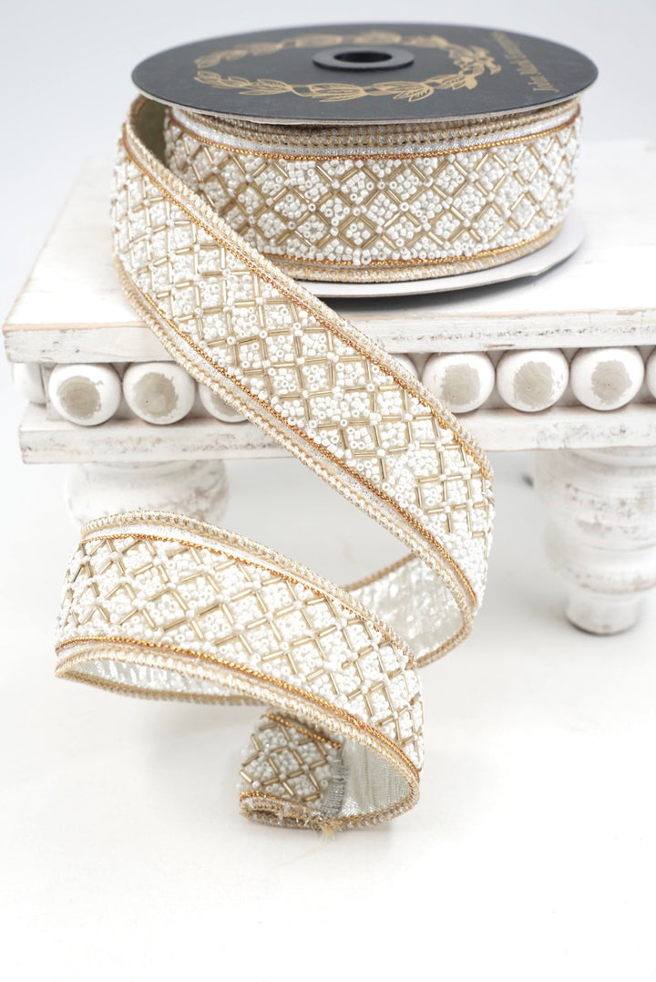John Mark, Ivory & Gold Beaded Metallic Dupion Trim Wired Ribbon - 1.5"