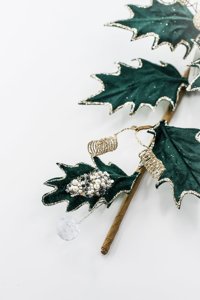 Artificial Green Velvet Holly Berry With Glitter Spray - 25"