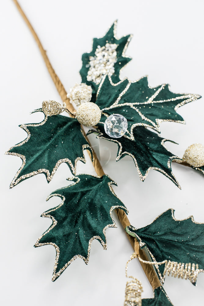 Artificial Green Velvet Holly Berry With Glitter Spray - 25"
