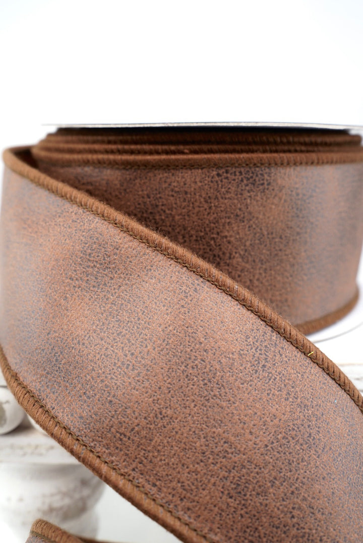 John Mark, Brown Rexine Suede Wired Ribbon - 2.5"