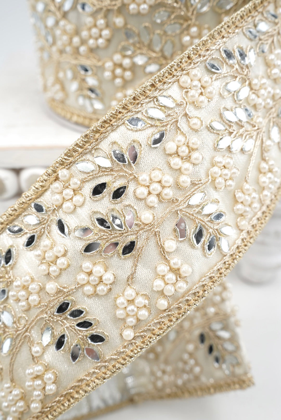 John Mark, Gold & Platinum Jeweled Pearl Mirror Trim Wired Ribbon - 2.5"