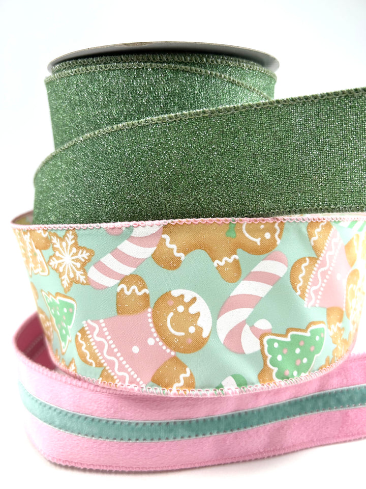 Pink Mint Gingerbread Bow Bundle x 3 Wired Ribbons