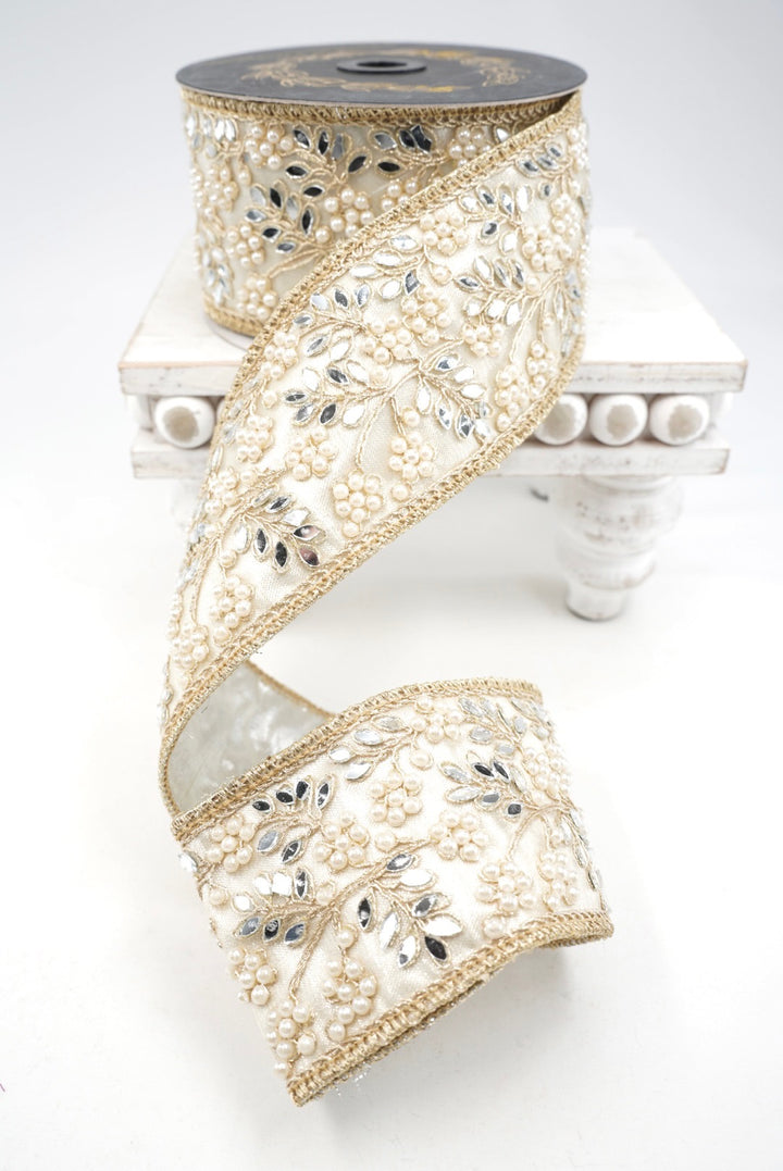 John Mark, Gold & Platinum Jeweled Pearl Mirror Trim Wired Ribbon - 2.5"