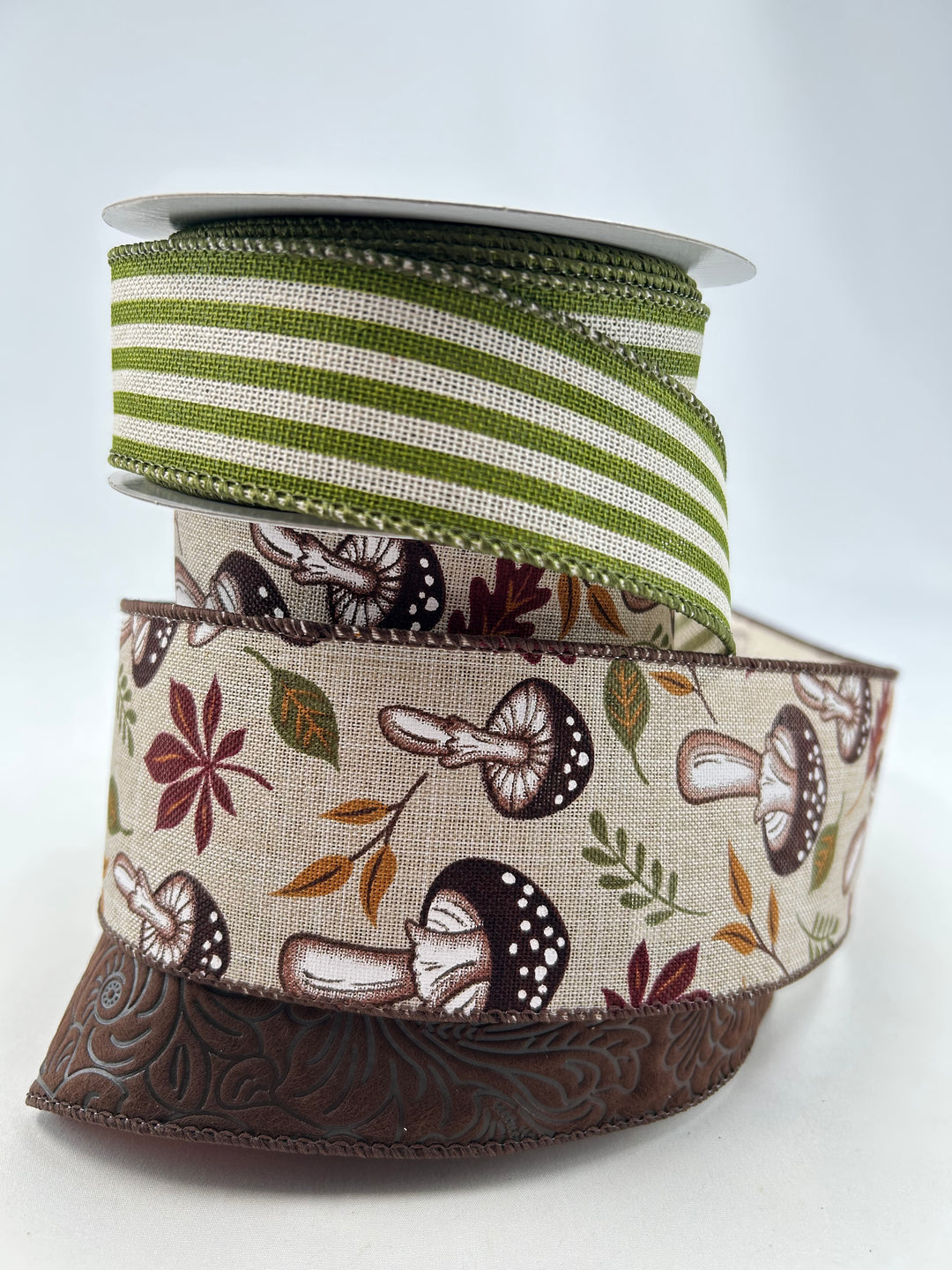 Brown Natural Mushrooms Bow Bundle x 3 Wired Ribbons