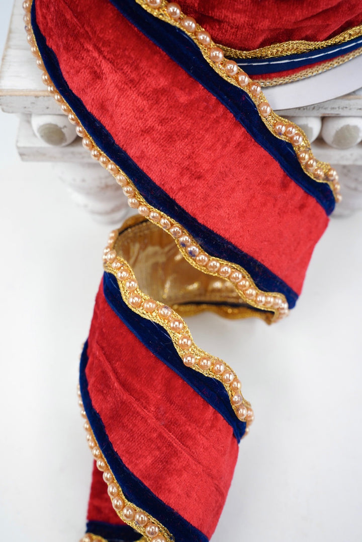 John Mark, Red & Navy, Velvet Beaded Edge Metallic Dupion Wired Ribbon - 2.5"