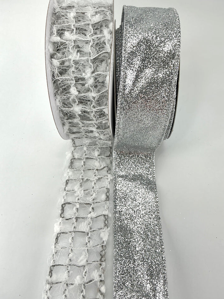 Snowy silver bow bundle wired ribbon 1.5” x 2 ribbons