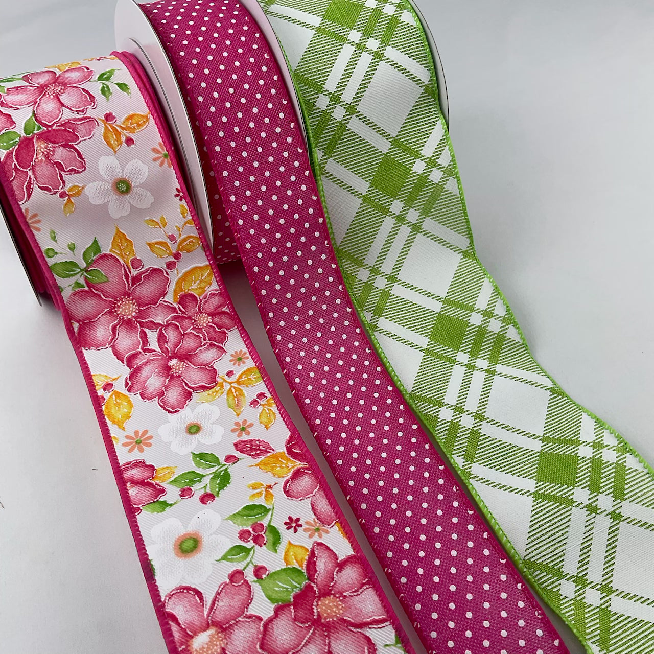 pink and lime green floral bow bundle x 3 wired ribbons