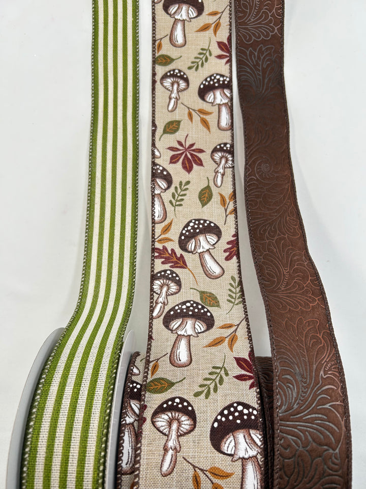 Brown Natural Mushrooms Bow Bundle x 3 Wired Ribbons