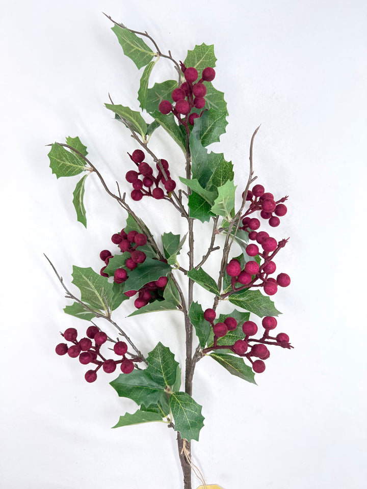 Holly Spray with Burgundy Flocked Berries