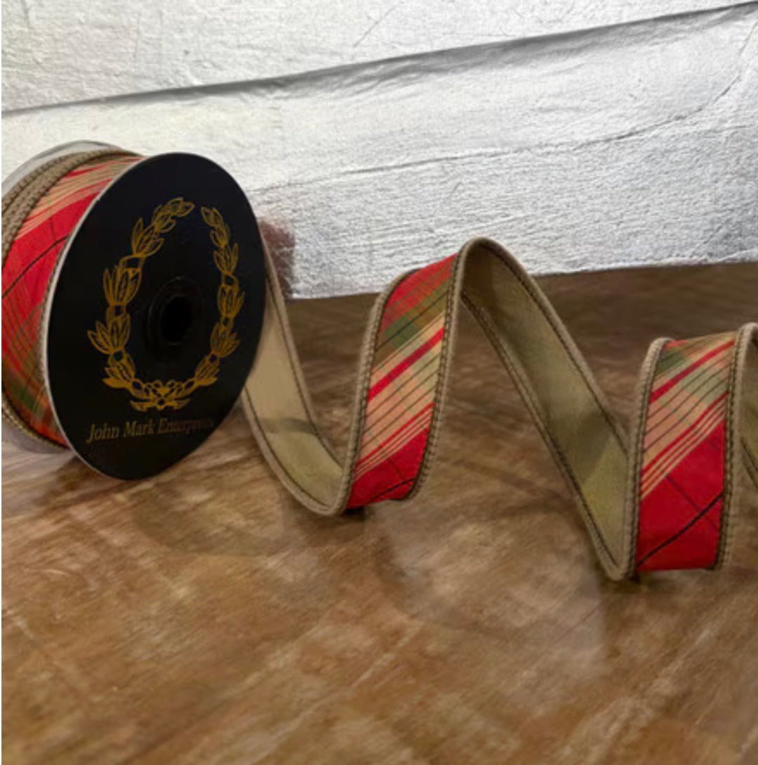 John Mark, Diagonal Plaid, Wired Ribbon - 1"