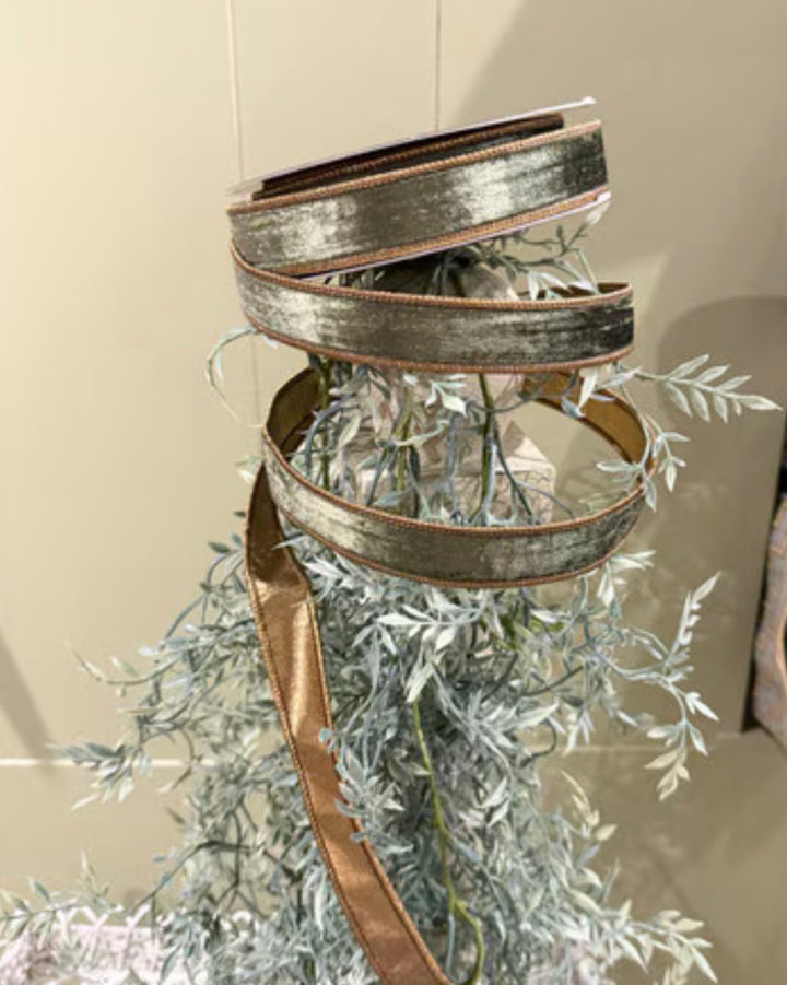 John Mark, Olive Green Smooth Velvet Dupion Wired Ribbon - 1"