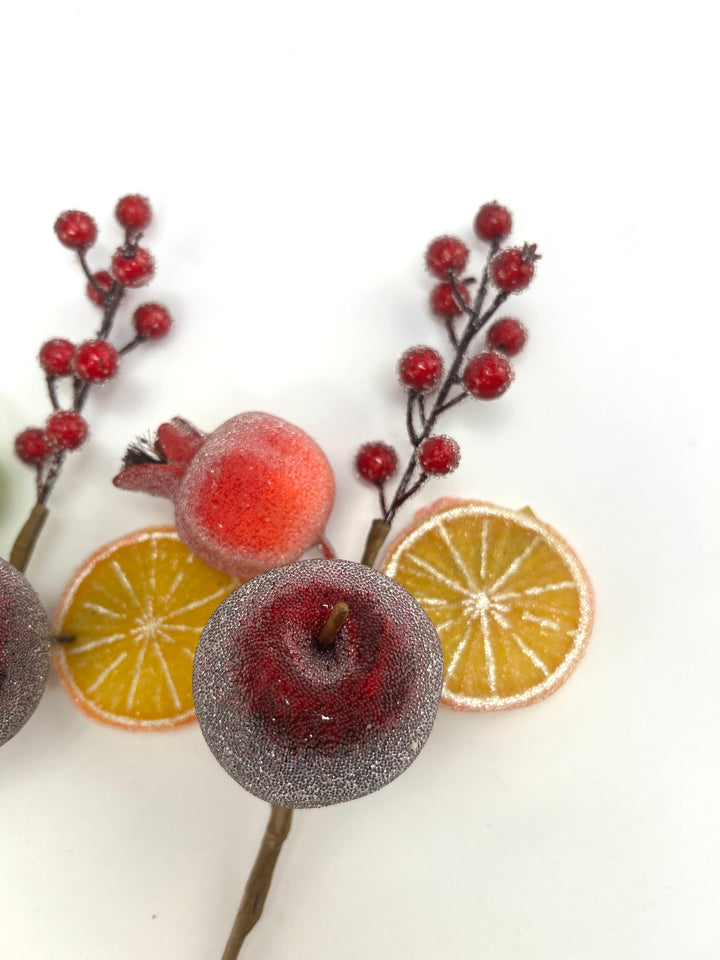 Artificial Red & Orange Pear, Apple, Berry & Orange Pick - 12" - SET of 2 assorted