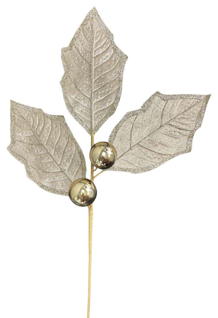 Artificial Champagne Holly Leaves Spray - 27"