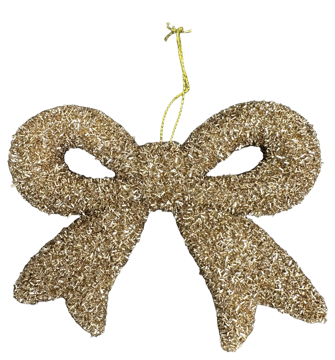 Gold Tinsel Ornament Bow - 10"