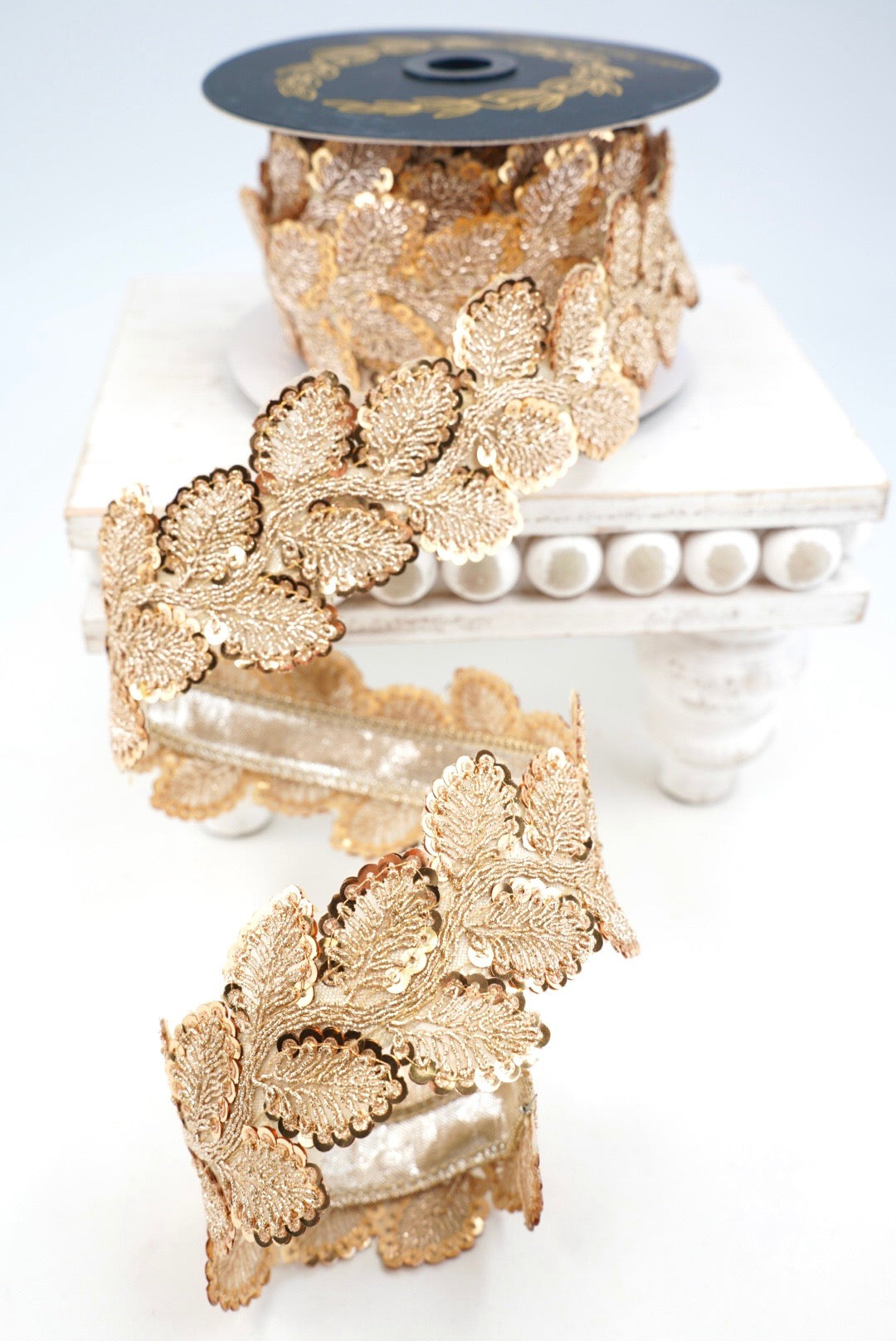 John Mark, Gold & Platinum Sequin Leaf Metallic Dupion Trim Wired Ribbon