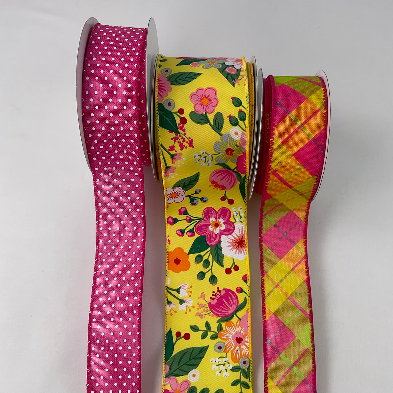 Hot pink and yellow floral bow bundle x 3 wired ribbons