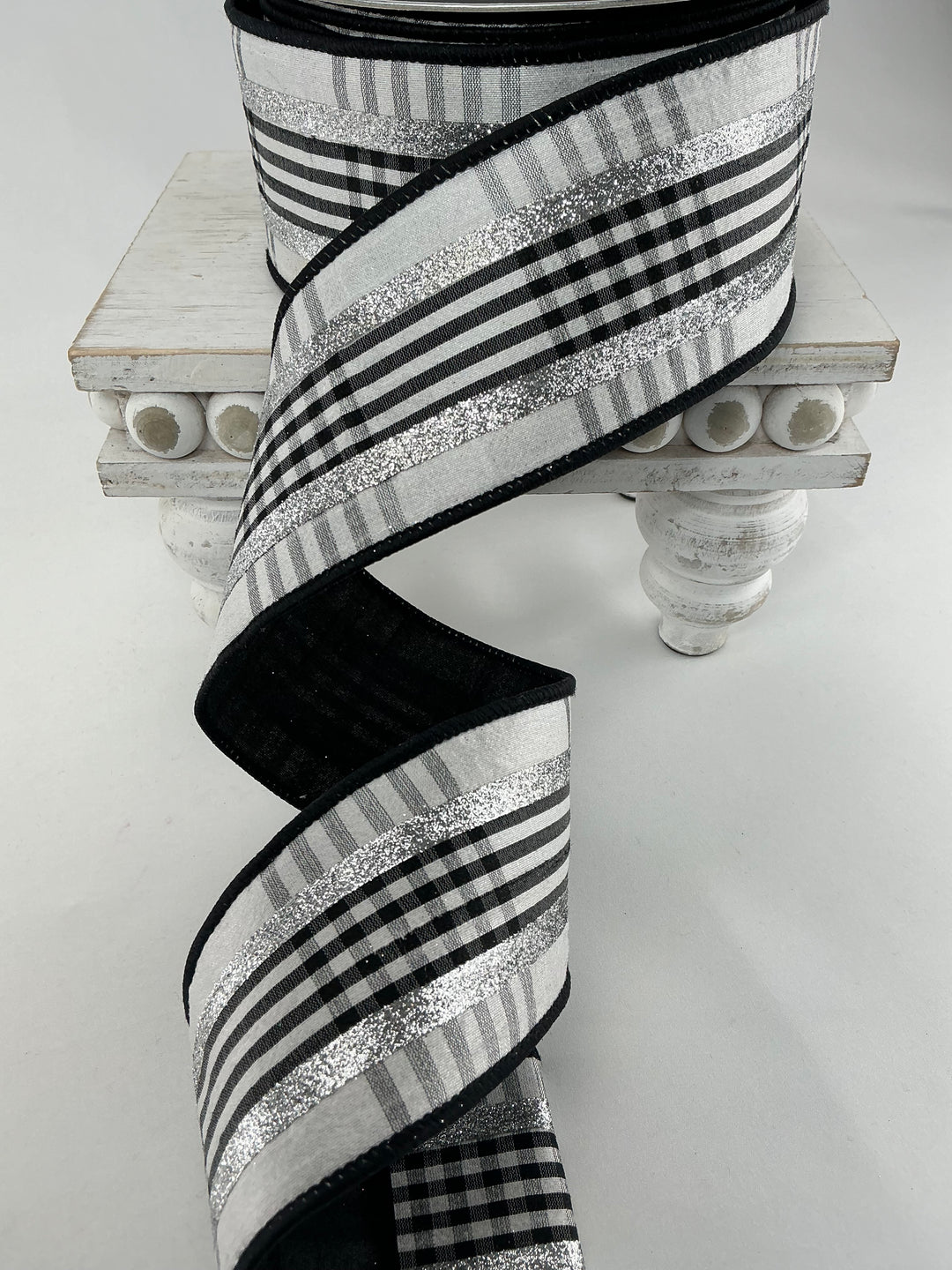 Farrisilk Black and White glitzy plaid 2.5” wired ribbon