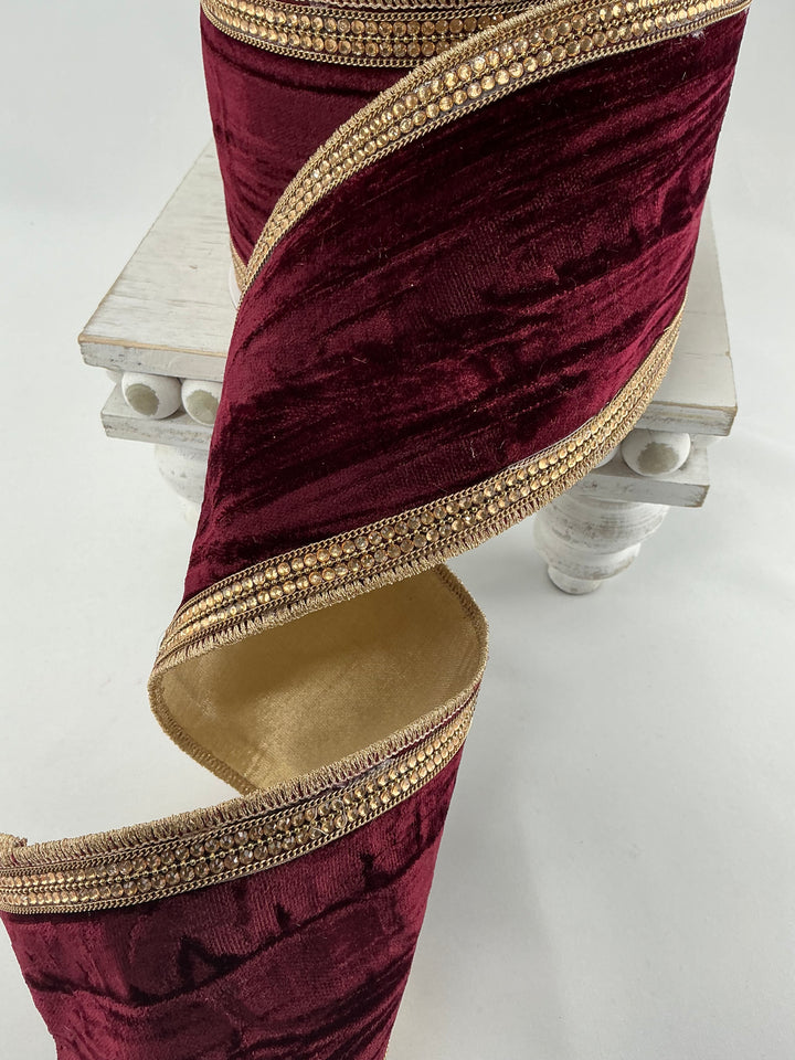 Farrisilk burgundy velvet distressed diamonds wired ribbon - 4”