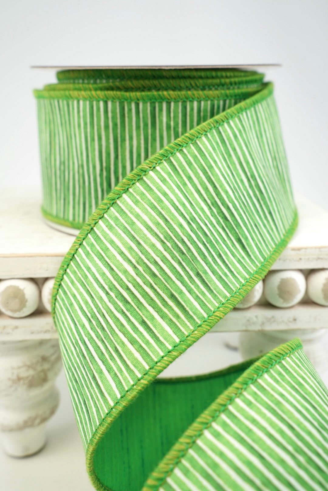 John Mark, Green Mini Stripe Dupion Wired Ribbon - 2.5"