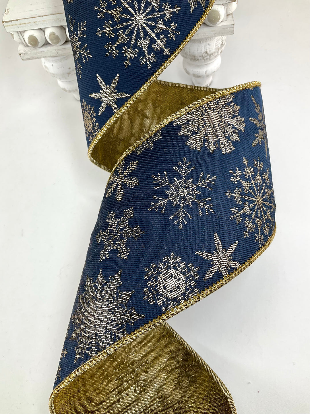 Blue Snowflake Wired Jaquard Ribbon - 4"