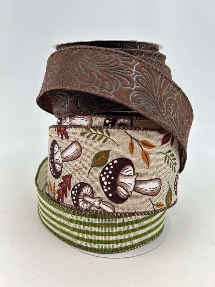 Brown Natural Mushrooms Bow Bundle x 3 Wired Ribbons