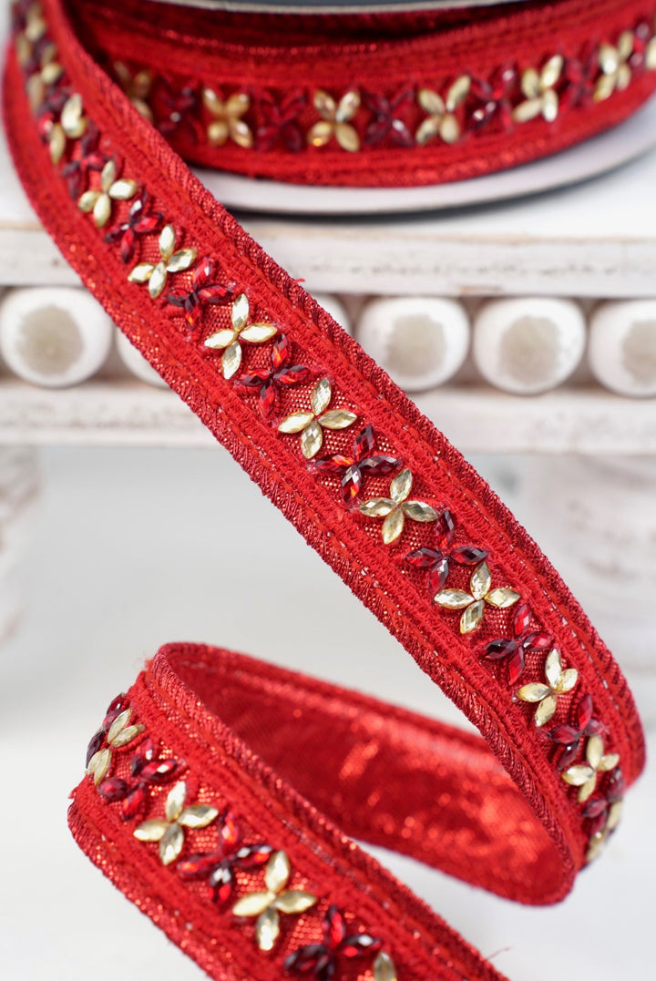 John Mark, Red Jeweled Metallic Dupion Trim Wired Ribbon - 1"