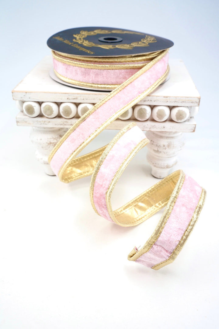 John Mark, Pink & Gold Velvet Metallic Dupion Piping Wired Ribbon - 1"