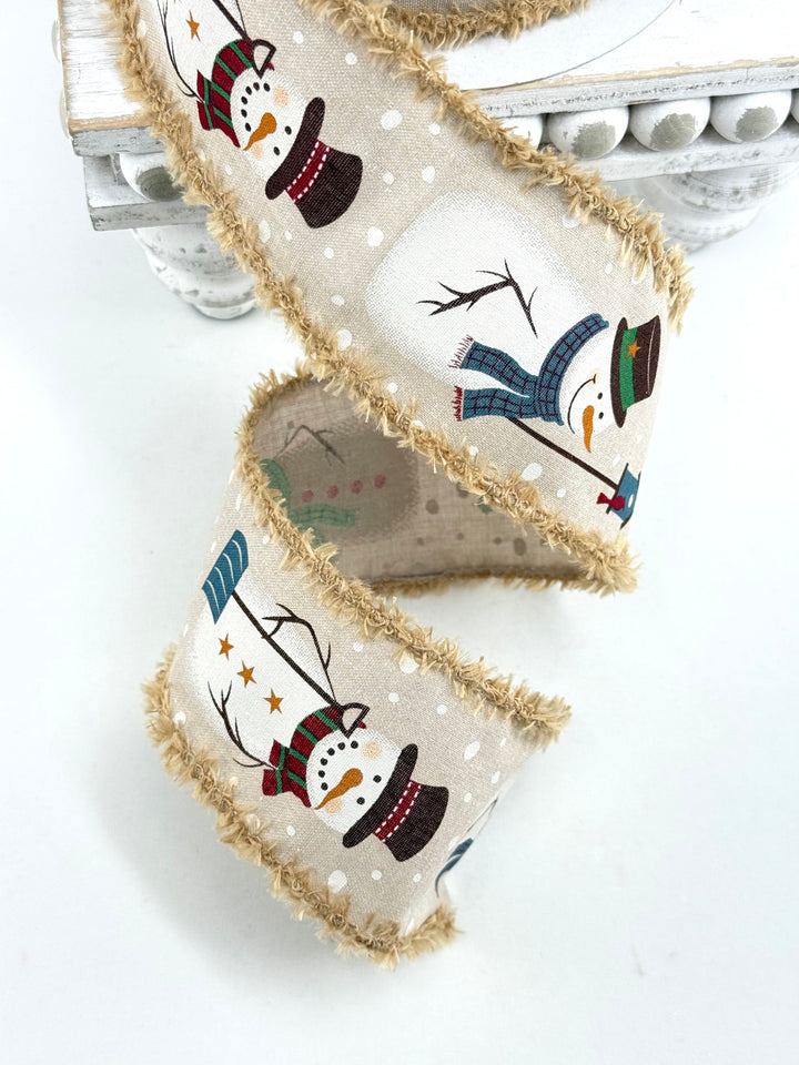Natural Snowman Fluffy Edge Wired Ribbon - 2.5”