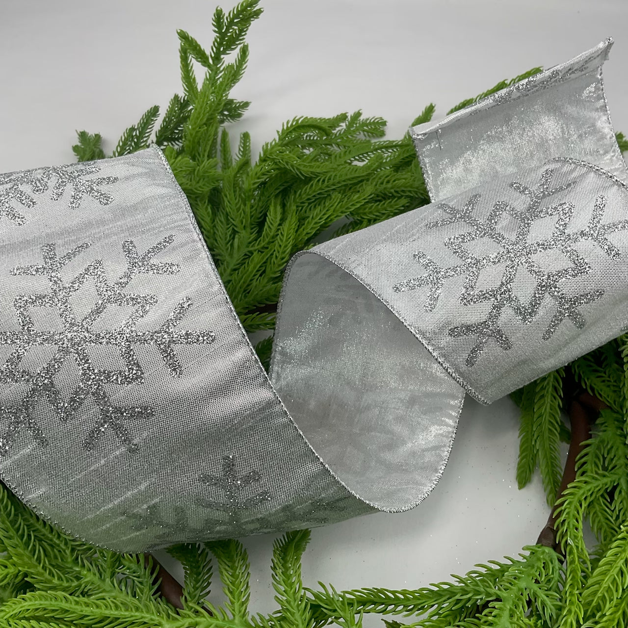 Silver Snowflake wired ribbon 4”