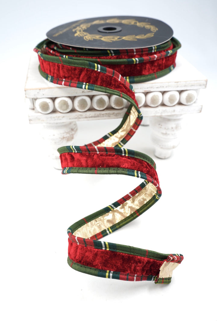 John Mark, Red Velvet And Metallic Dupion Plaid Piping Wired Ribbon - 1"