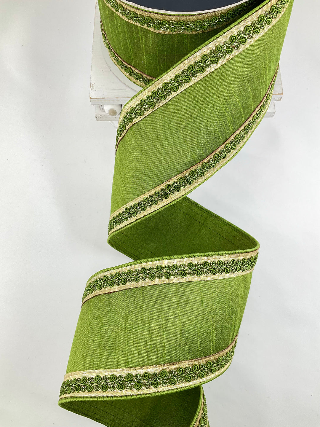Olive Vintage Scroll Farrisilk Wired Ribbon - 4"