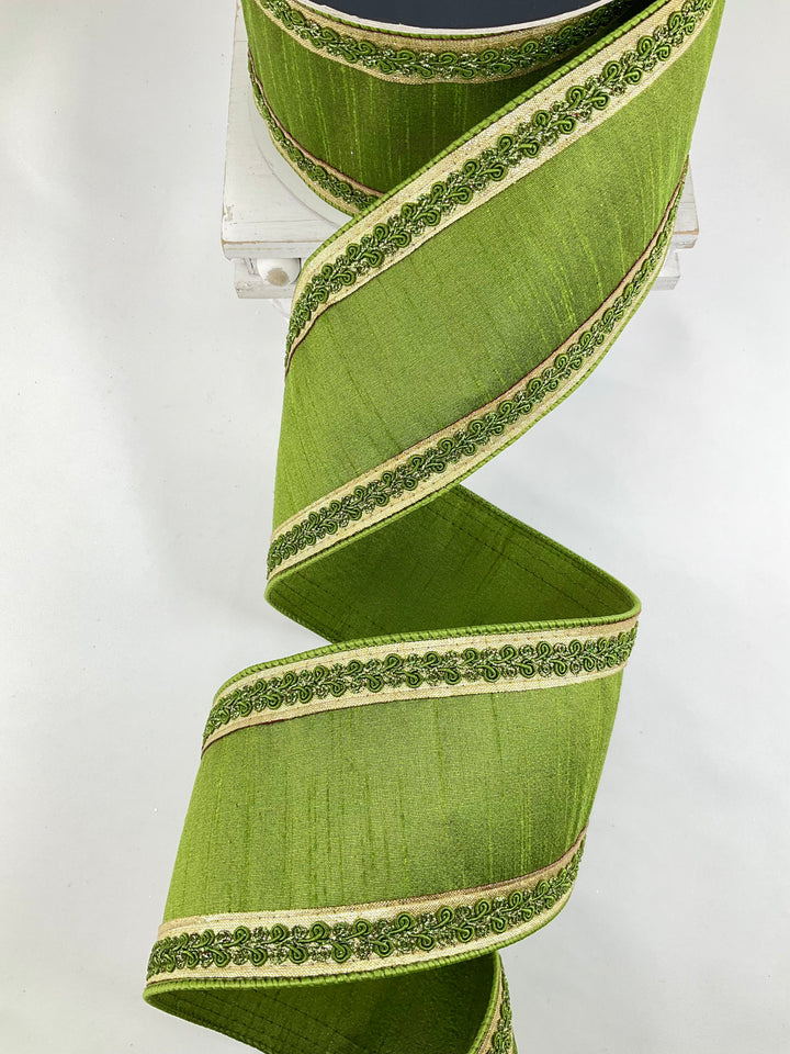 Olive Vintage Scroll Farrisilk Wired Ribbon - 4"