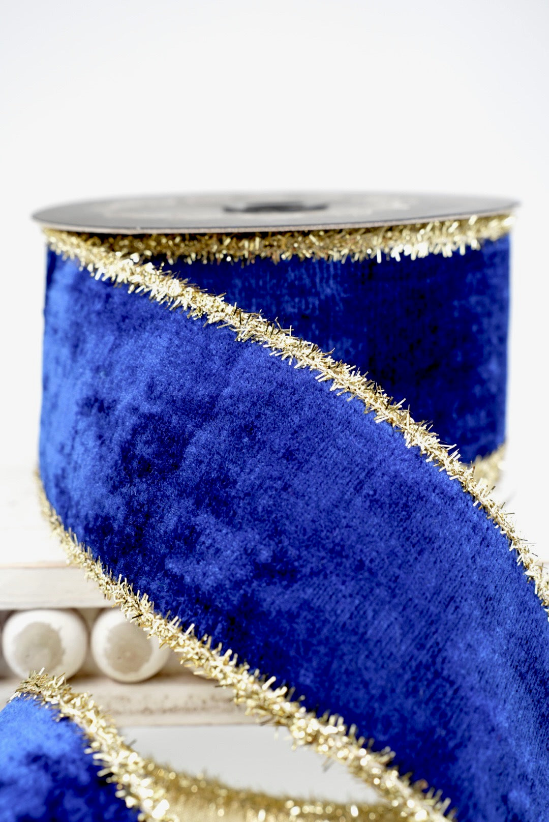 John Mark, Blue Velvet Metallic Dupion Tinsel Edge Wired Ribbon - 2.5"
