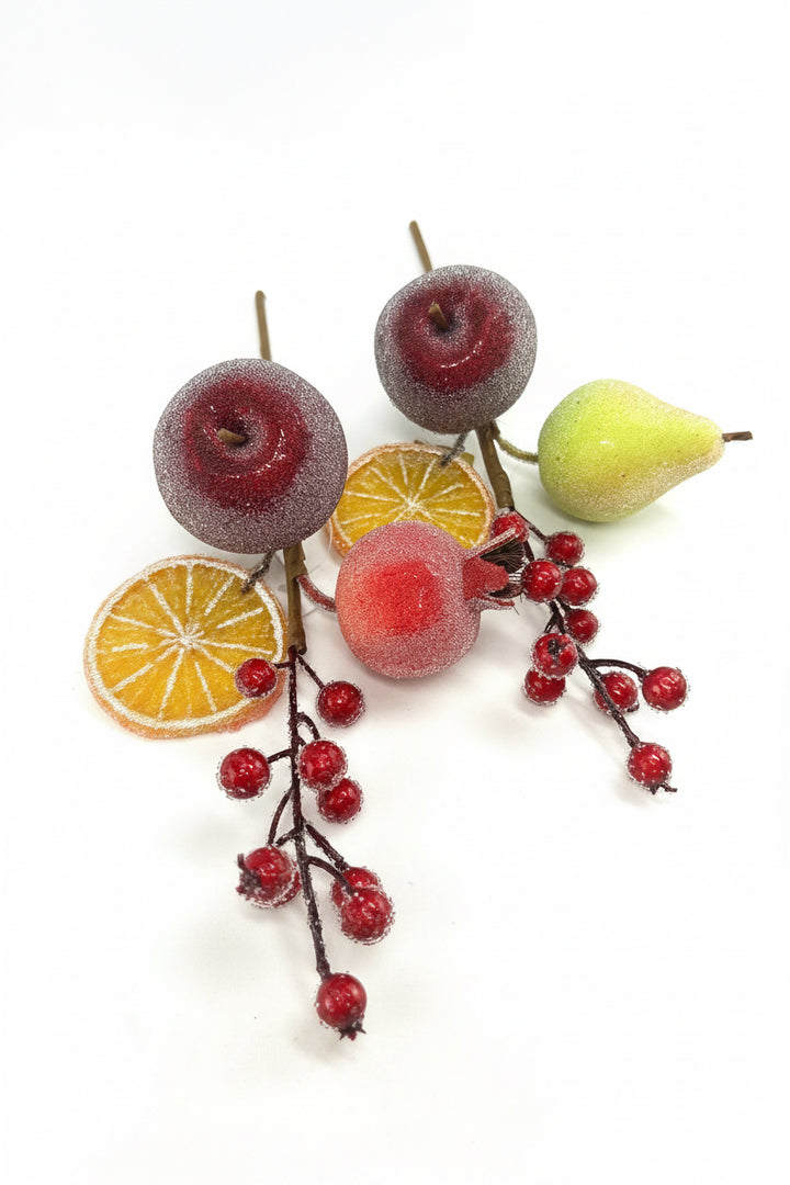 Artificial Red & Orange Pear, Apple, Berry & Orange Pick - 12" - SET of 2 assorted
