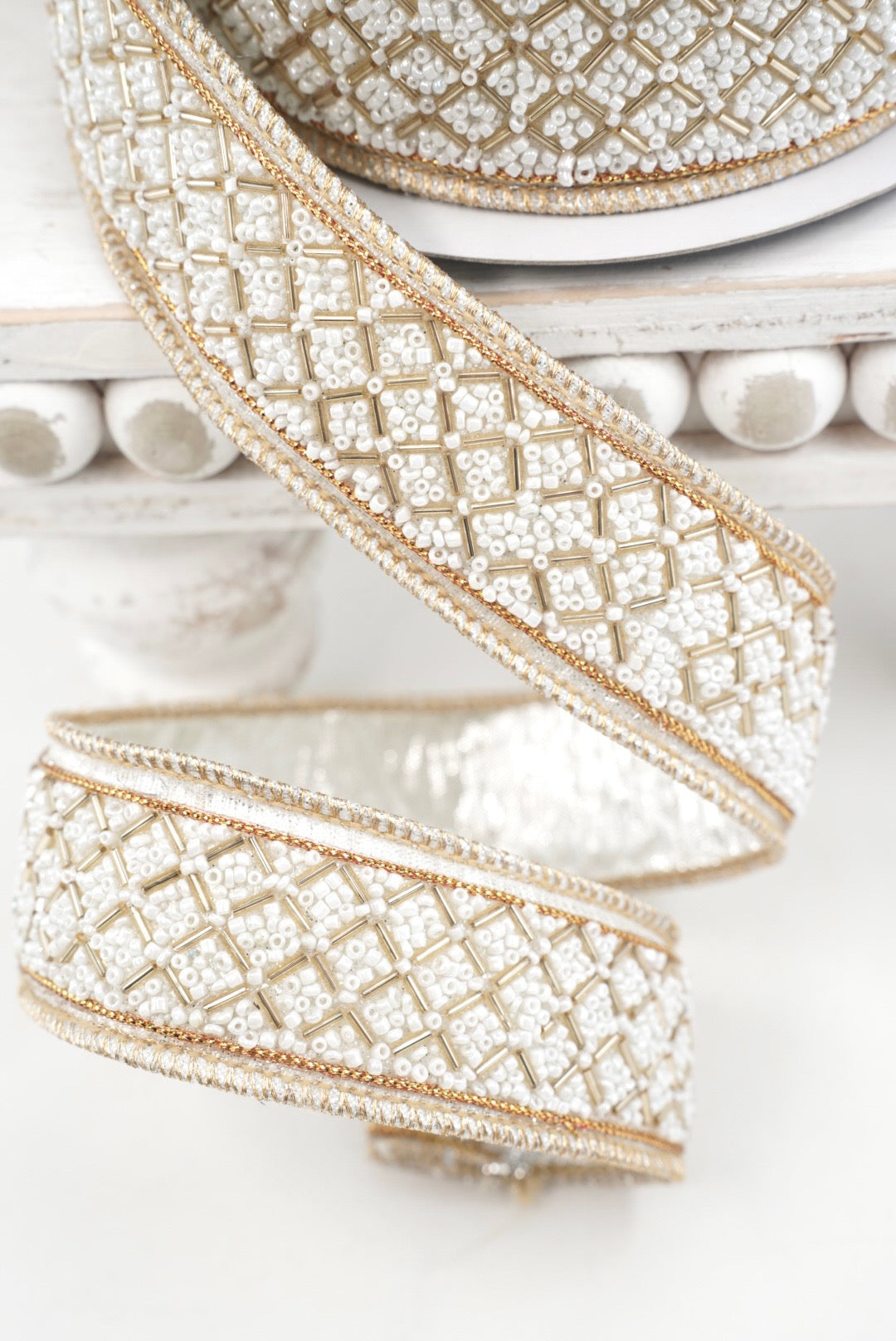 John Mark, Ivory & Gold Beaded Metallic Dupion Trim Wired Ribbon - 1.5"