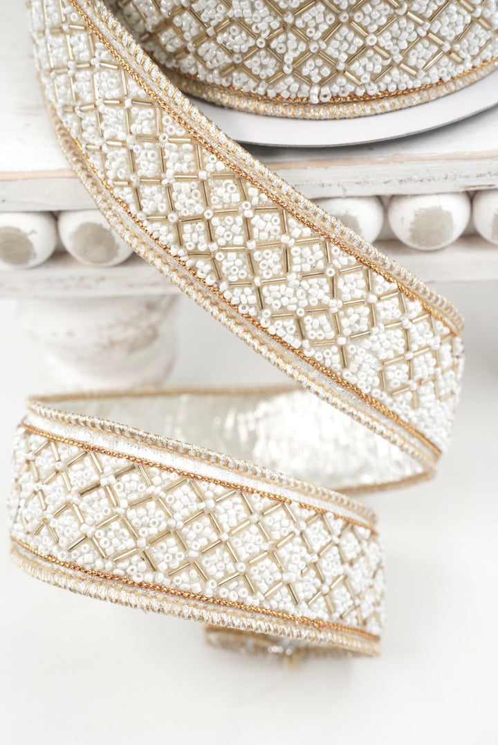 John Mark, Ivory & Gold Beaded Metallic Dupion Trim Wired Ribbon - 1.5"