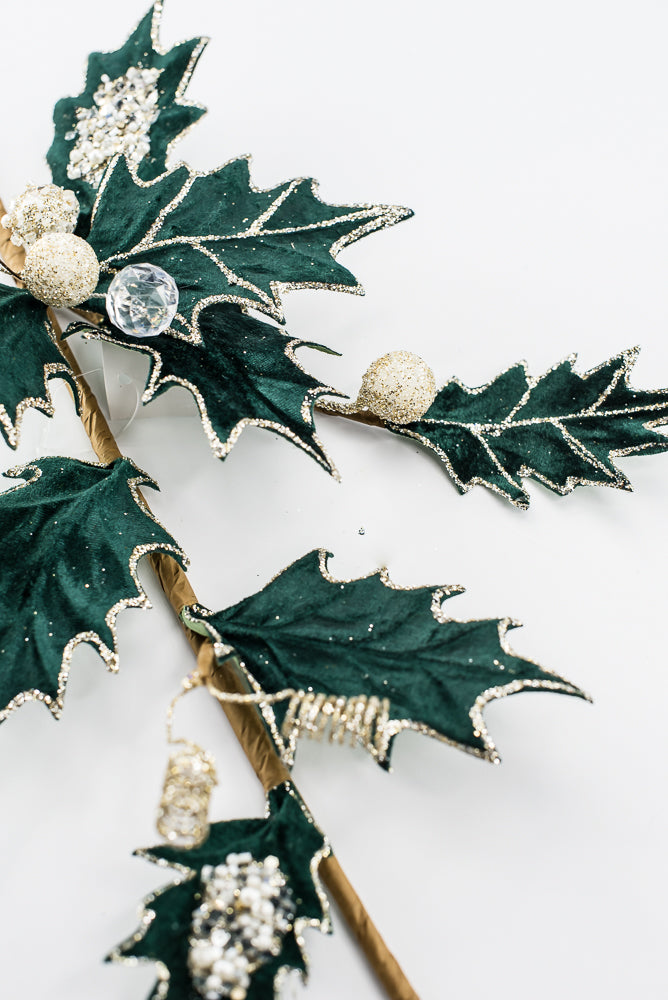 Artificial Green Velvet Holly Berry With Glitter Spray - 25"