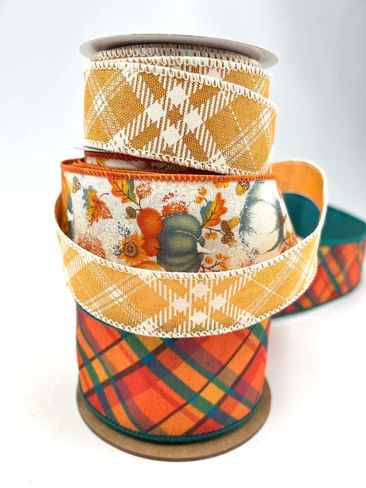 Teal And Mustard Plaid Pumpkin Bow Bundle x 3 Ribbons