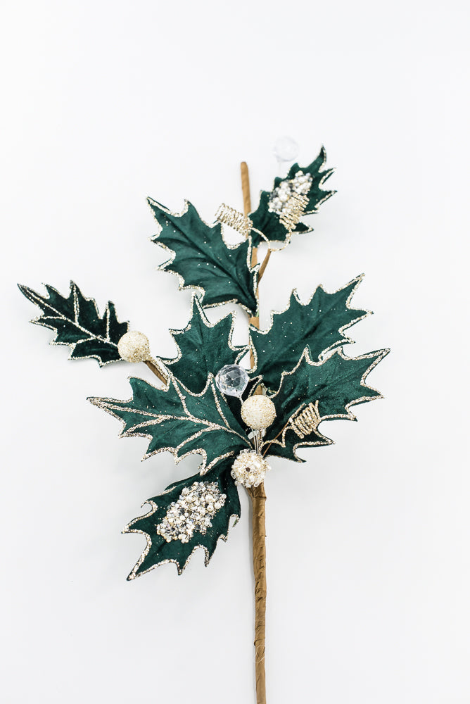 Artificial Green Velvet Holly Berry With Glitter Spray - 25"
