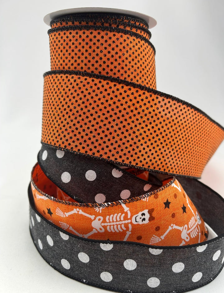 DIY ribbon bow bundle - Orange Skeleton Halloween x 3 ribbons