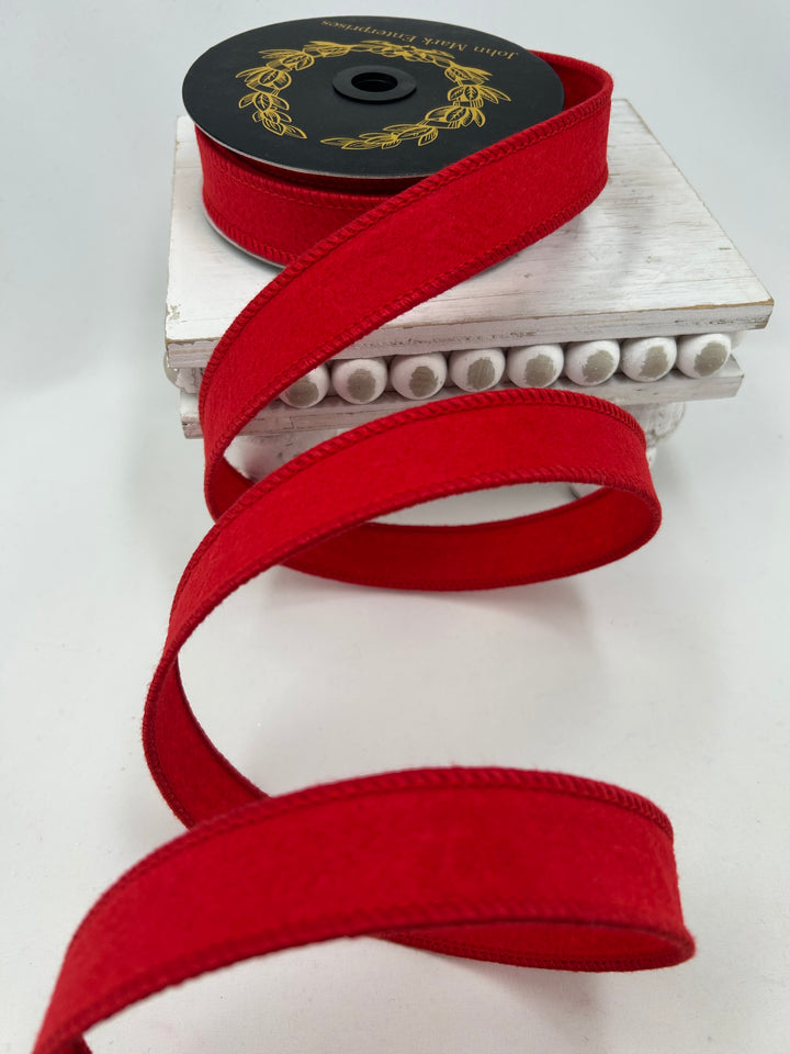 John Mark, Red, Felted Wired Ribbon - 1"