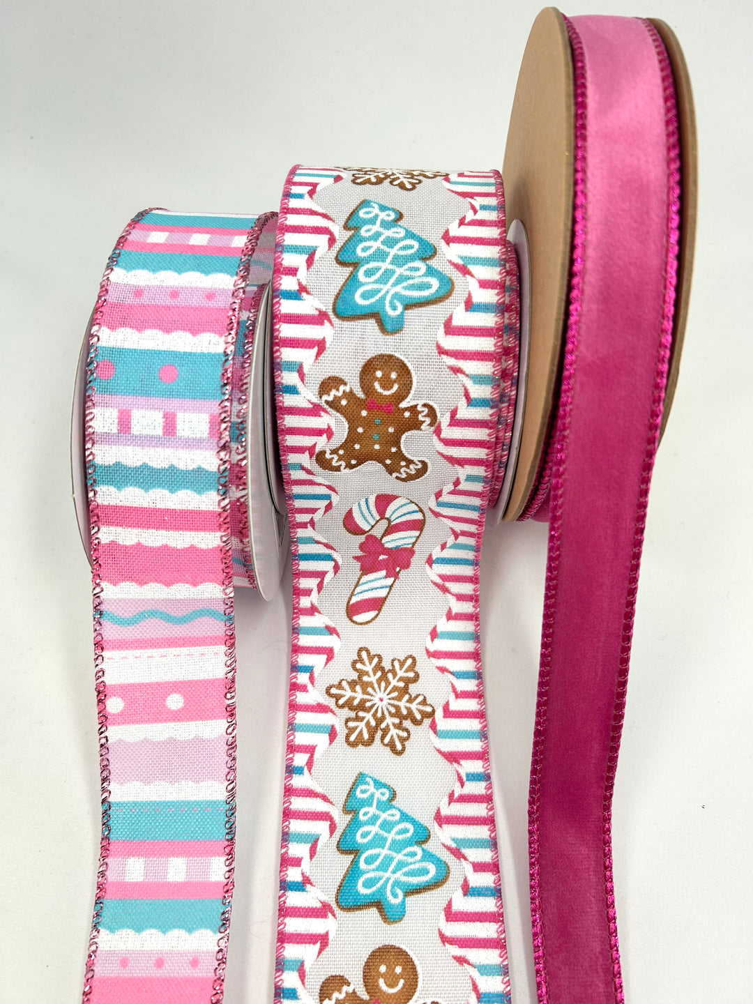 Pink Aqua Blue Gingerbread Bow Bundle x 3 Wired Ribbons