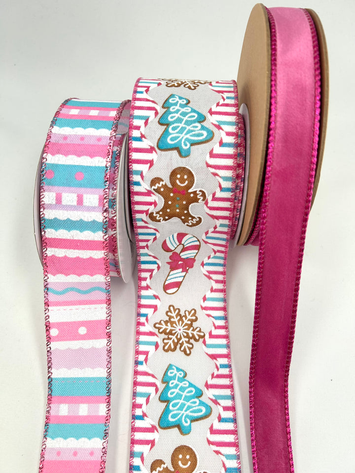 Pink Aqua Blue Gingerbread Bow Bundle x 3 Wired Ribbons