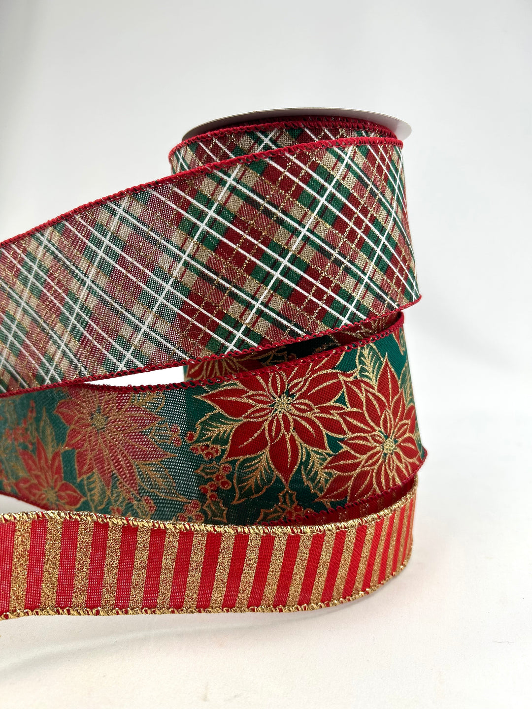 Christmas Red & Green Poinsettia Bow Bundle x 3 Wired Ribbons