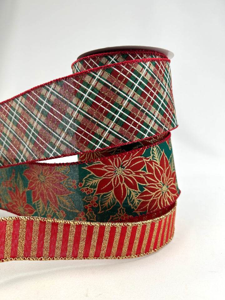 Christmas Red & Green Poinsettia Bow Bundle x 3 Wired Ribbons