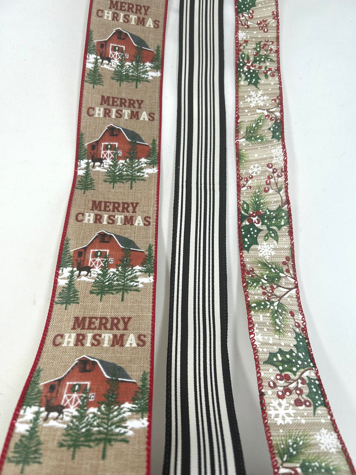 Natural Barn And Holly Christmas Bow Bundle x 3 ribbons