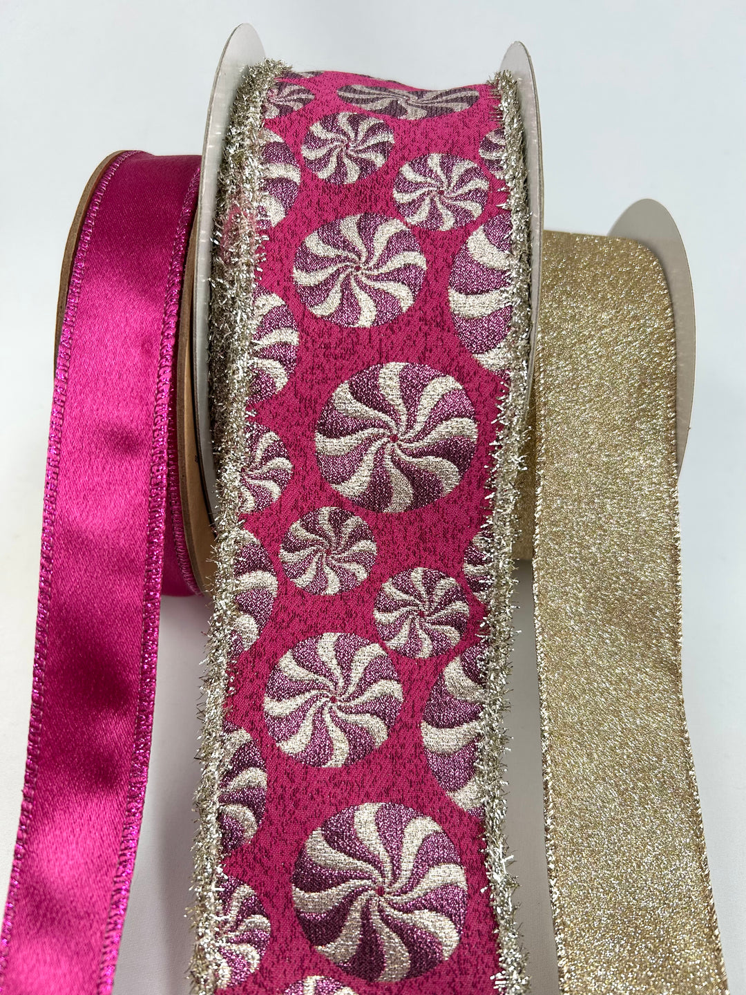 Pink Peppermint Tinsel Bow Bundle x 3 Wired Ribbons