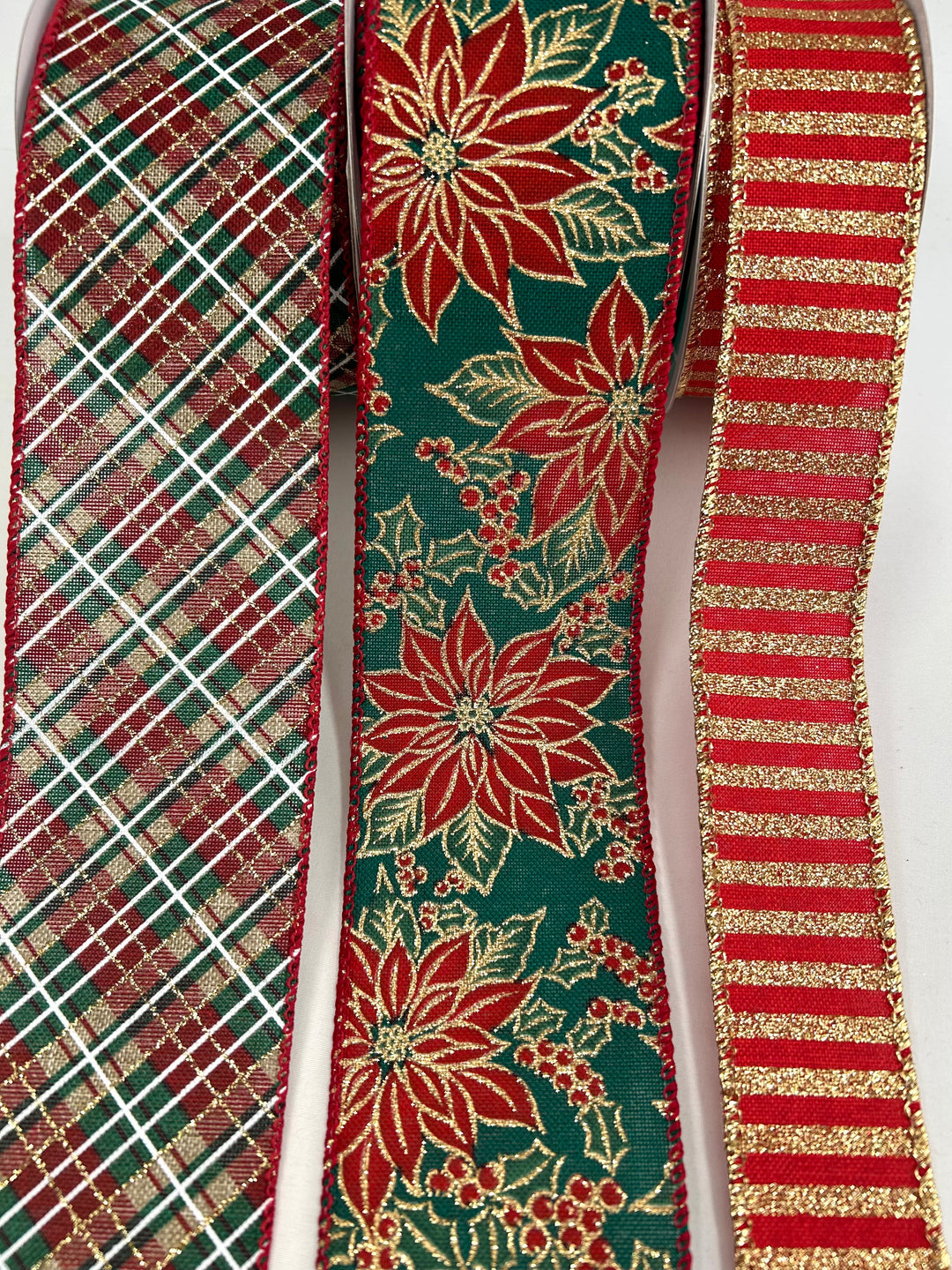 Christmas Red & Green Poinsettia Bow Bundle x 3 Wired Ribbons