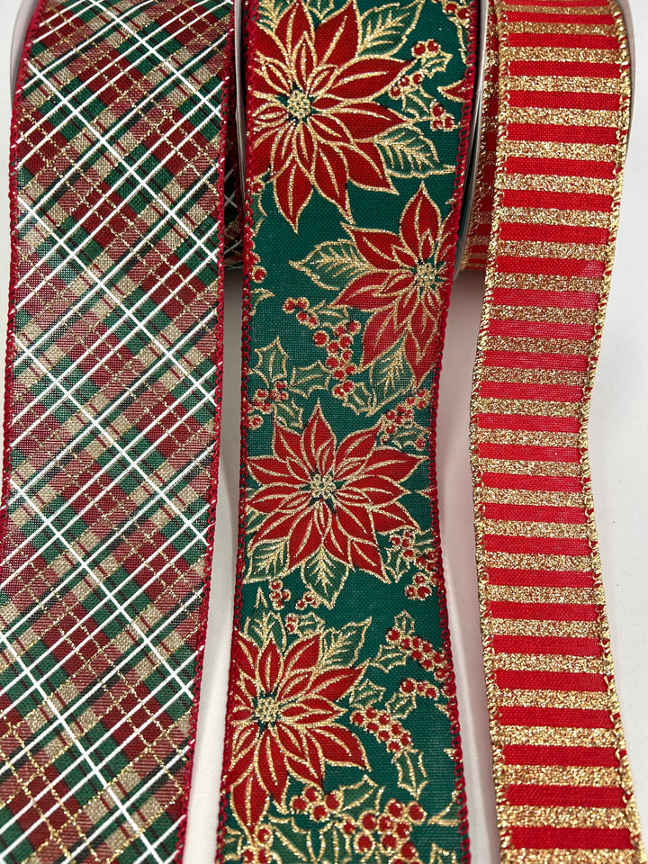 Christmas Red & Green Poinsettia Bow Bundle x 3 Wired Ribbons