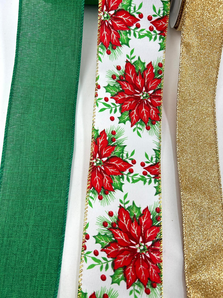 Red And Green Poinsettia Bow Bundle x 3 ribbons